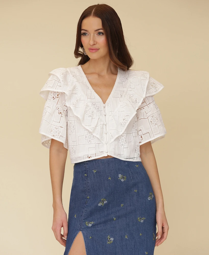 Avec Les Filles Women's Tiered Ruffle Cropped Top