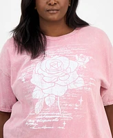 Rebellious One Trendy Plus Cotton Rose Mineral Wash T-Shirt