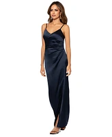 Xscape Women's Satin Ruched V-Neck Long Dress