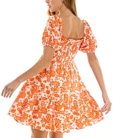 Crystal Doll Juniors' Smocked Short-Sleeve Babydoll Dress