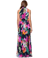 Xscape Women's Pleated Floral Chiffon Scarf Dress