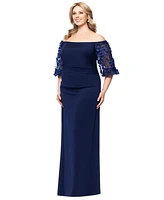 Xscape Plus 3D Floral-Sleeve Off-The-Shoulder Dress