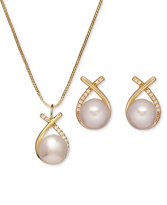 Cultured Freshwater Pearl (8mm) & Cubic Zirconia Crisscross Pendant Necklace & Drop Earrings Set in 18k Gold-Plated Sterling Silver