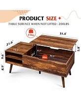 Wlive Lift Top Coffee Table for Living Room,Small Mid Century Modern Coffee Table with Storage,Hidden Compartment and Adjustable Shelf, Wood,Retro Bro