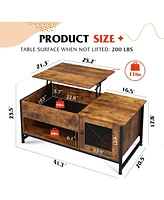Wlive Lift Top Coffee Table with Storage,Hidden Compartment and Open Shelf,Living Room Tables with Metal Mesh Door Cabinet for Home, Office,Rustic Bro