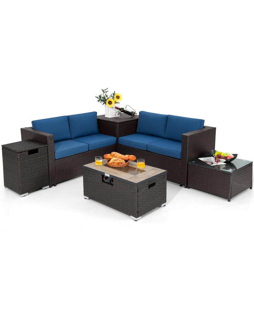 Gymax 6 Pcs Outdoor Rattan Sectional Sofa Set Patio Sofa & Fire Table Set w/ Storage Box