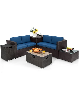Gymax 6 Pcs Outdoor Rattan Sectional Sofa Set Patio Sofa & Fire Table Set w/ Storage Box