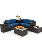 Gymax 6 Pcs Outdoor Rattan Sectional Sofa Set Patio Sofa & Fire Table Set w/ Storage Box