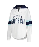 G-iii 4Her by Carl Banks Women's White/Deep Sea Blue Seattle Kraken Goal Zone Long Sleeve Lace-Up Hoodie T-Shirt