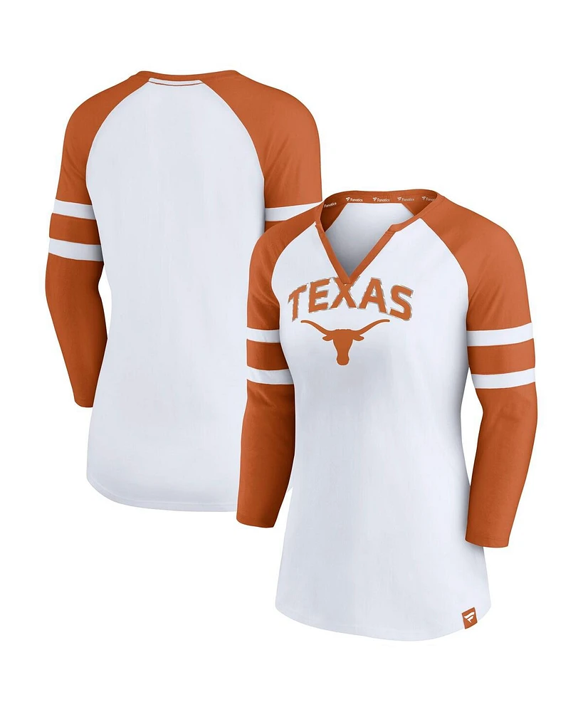 Fanatics Women's White Texas Longhorns Block Party Notch Neck Raglan 3/4 Sleeve Top