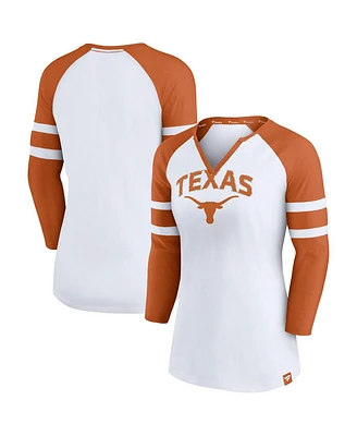 Fanatics Women's White Texas Longhorns Block Party Notch Neck Raglan 3/4 Sleeve Top