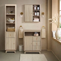 LuxenHome Natural Finish Wave-Patterned Manufactured Wood 1-Door Bathroom Wall Cabinet