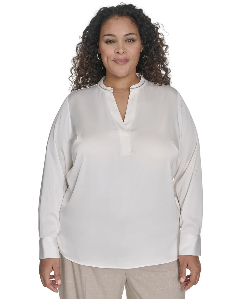 Calvin Klein Plus Solid Charmeuse Split-Neck Blouse