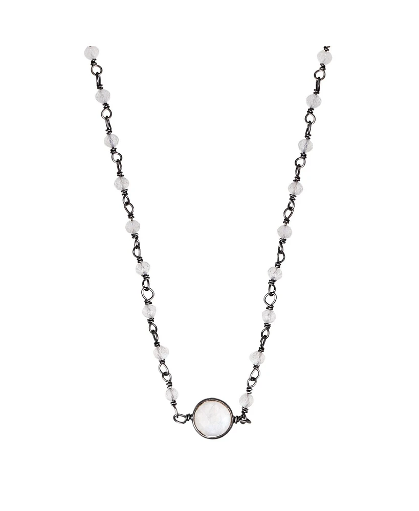 Adornia Fine Labradorite Rosary Necklace with Moonstone Center Stone black rhdodium .925 sterling silver