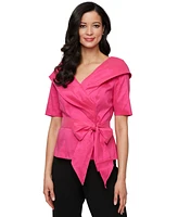 Alex Evenings Women's Elbow-Sleeve Stretch Tie-Waist Collared Taffeta Blouse