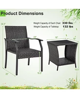 Gymax 3 Piece Patio Weather Resistant Conversation Set Wicker Chair w/ Quick Dry Foam Tempered Glass Table