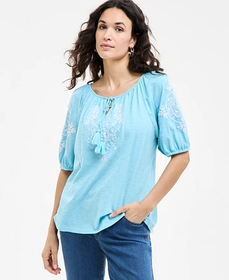 Style & Co Women's Embroidered Split-Neck Tasseled-Tie Top, Regular Petite, Exclusively at Macy's