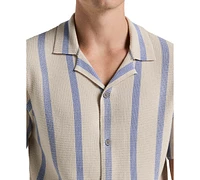 Perry Ellis Men's Short Sleeve Button-Front Cotton Open Stitch Striped Sweater