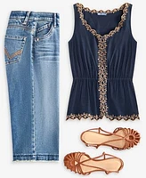 Democracy Womens Embroidered Peplum Top Ab Solution Skimmer Fray Hem Cropped Jeans