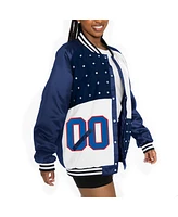 Gameday Couture Women's Navy/White New England Patriots Oversized Hot Shot Rhinestone Throwback Full-Snap Varsity Bomber Jacket