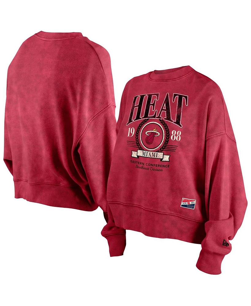 New Era Women's Red Miami Heat Hardwood Classics Enzyme Wash Oversized Boxy Pullover Sweatshirt