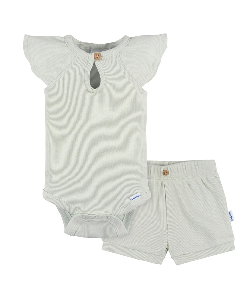 Gerber Baby Girls Flutter Sleeve Bodysuit and Shorts Set