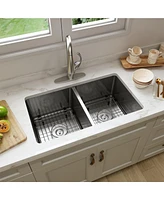 31-Inch Brushed Stainless Steel Sink Under The Table 9-Inch Deep 50/50 Double Grooves With Drain Grid And Drainer