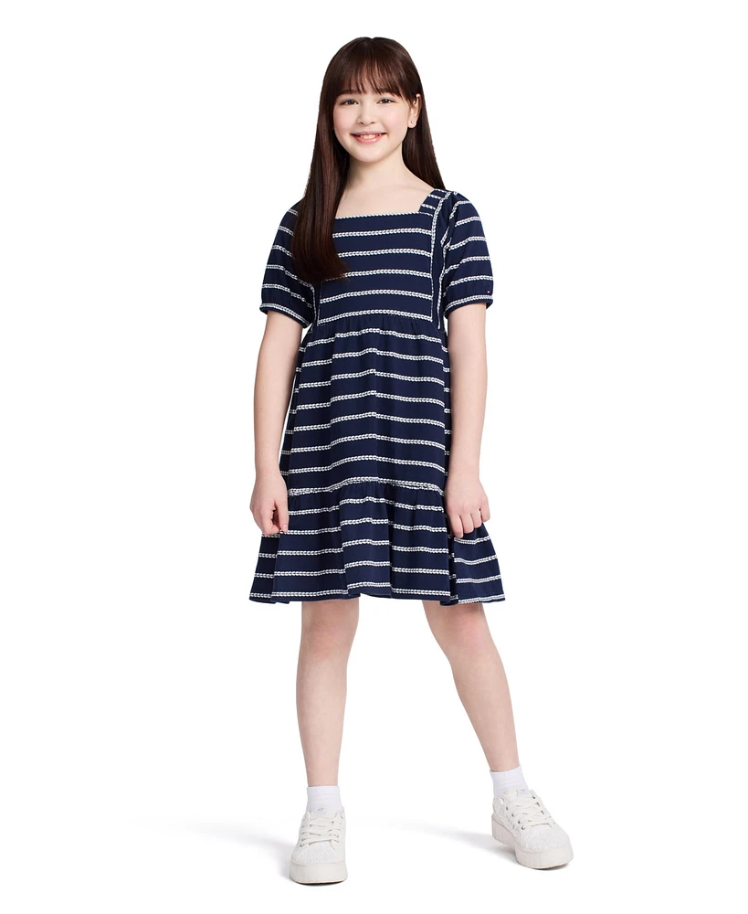 Tommy Hilfiger Big Girls Rope Stripe Tiered Short Sleeve Dress