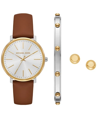 Michael Kors Women's Pyper Three-Hand Luggage Leather Watch and Jewelry Set, 38mm