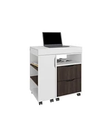Odessa Extendable Desk, 2 Drawers, 4 Shelves, 4 Wheels, White/Walnut