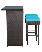 3PCS Patio Rattan Wicker Bar Table Stools Dining Set Cushioned Chairs