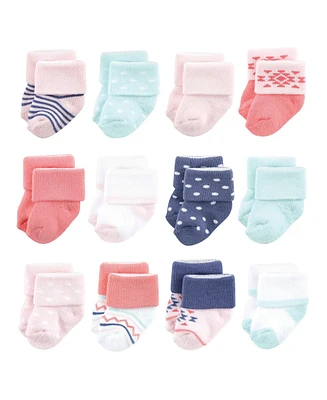 Luvable Friends Baby Girls Newborn Terry Socks, Coral Mint Aztec 12-Pack, 0-6 Months