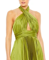 Mac Duggal Women's Pleated Halter Neck Asymmetrical Hem Gown