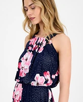 Robbie Bee Petite Floral-Print Pleat-Neck Jersey Dress