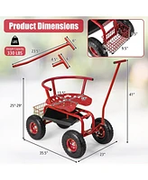 Rolling Garden Cart with Height Adjustable Swivel Seat and Storage Basket