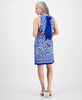 Robbie Bee Petite Tie-Back Mock Neck Printed Shift Dress