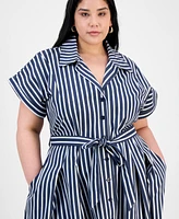 Robbie Bee Plus Striped Tie-Waist Button-Down Cotton Midi Dress