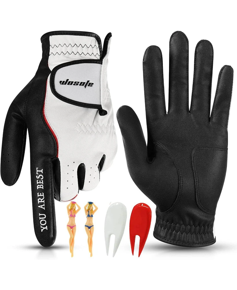 Wosofe Men s Golf Glove Left Hand Premium Leather Excellent Grip Super Soft Breathable Durable Fit All Weather with Golf Tee and Divot Repair Tool,Med
