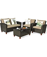 8PCS Patio Rattan Furniture Set Solid Wood Leg Cushioned Sofa Garden Lawn