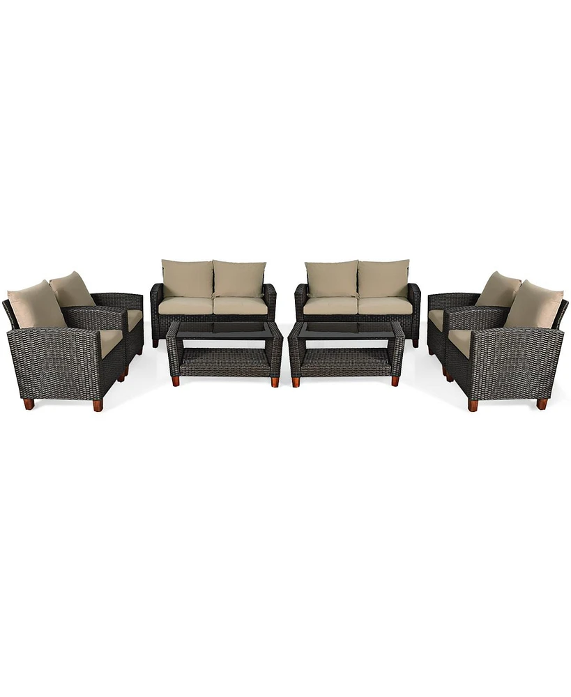 8PCS Patio Rattan Furniture Set Solid Wood Leg Cushioned Sofa Garden Lawn