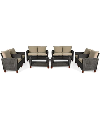 8PCS Patio Rattan Furniture Set Solid Wood Leg Cushioned Sofa Garden Lawn