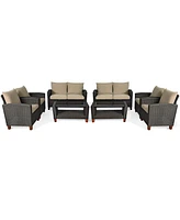 8PCS Patio Rattan Furniture Set Solid Wood Leg Cushioned Sofa Garden Lawn