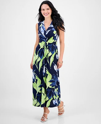 Connected Petite Twisted-Front Floral-Print Maxi Dress