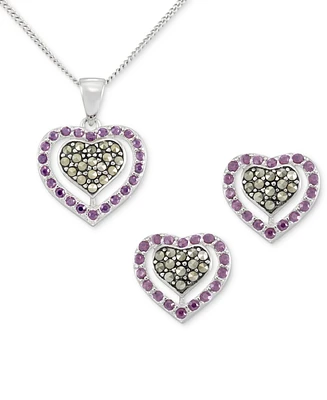 2-Pc. Set Amethyst (1-1/3 ct. t.w.) & Marcasite Pendant Necklace & Matching Stud Earrings in Sterling Silver
