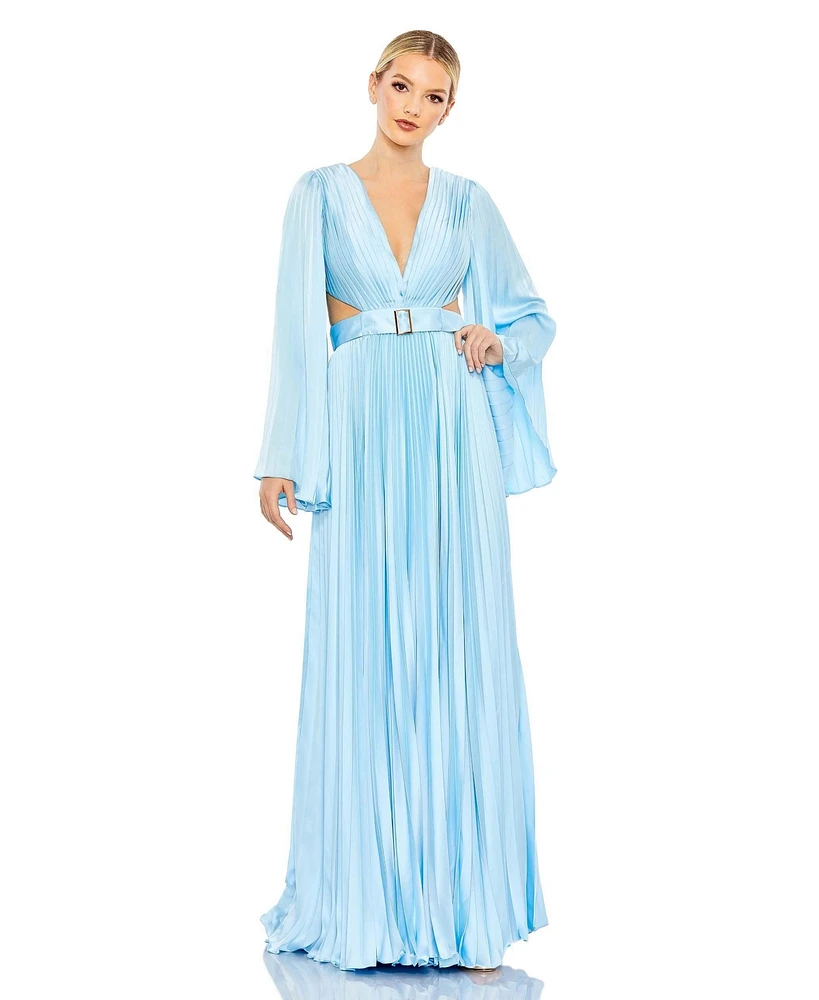 Mac Duggal Women's Long Sleeve Lace up Back Charmeuse Gown