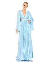 Mac Duggal Women's Long Sleeve Lace up Back Charmeuse Gown