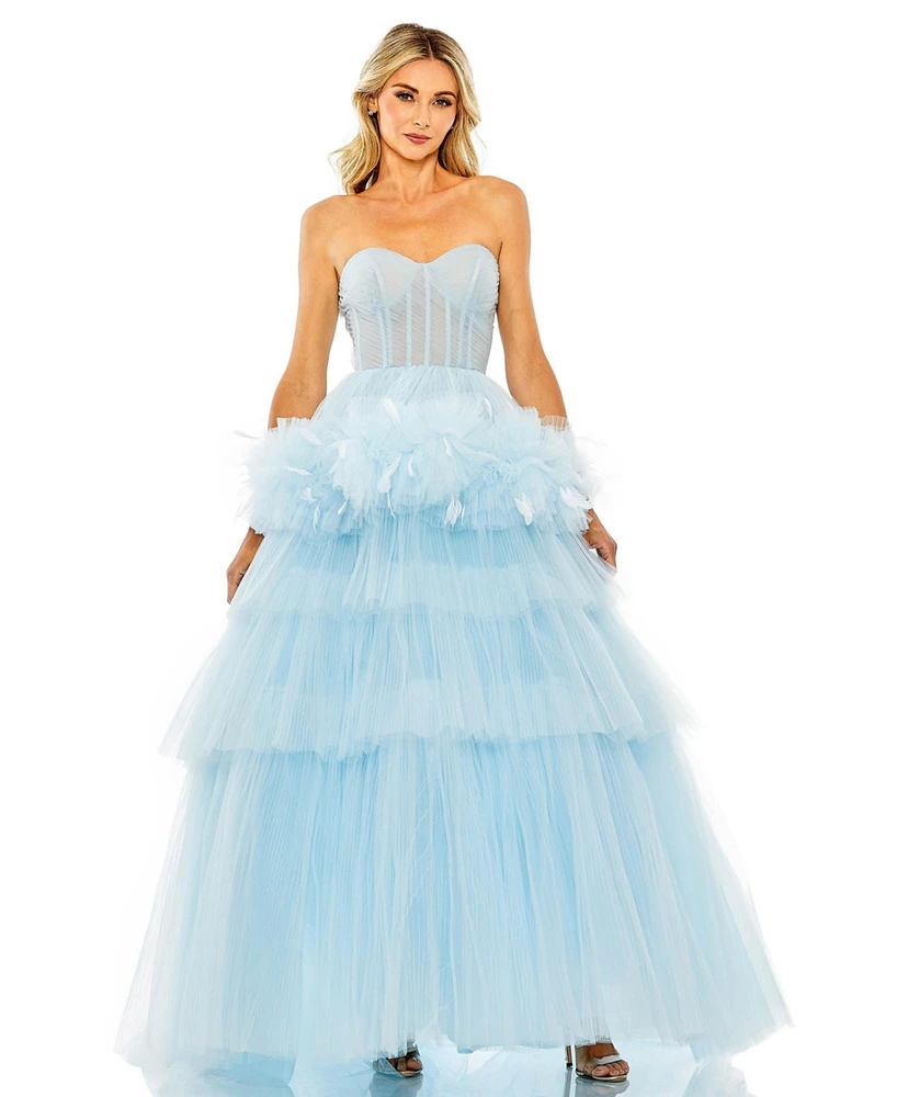 Mac Duggal Women's Strapless Tulle Gown with Feather Detail