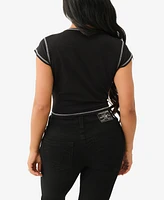 True Religion Women's Logo Ruching Cap Sleeve Top