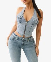 True Religion Women's Zip Front Halter Denim Top