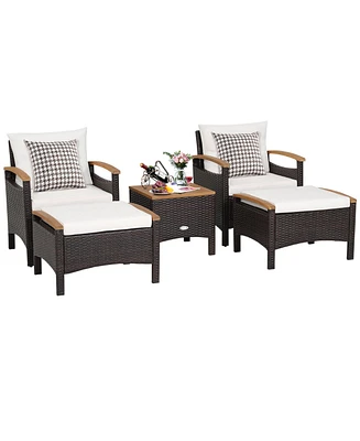Gymax 5 Piece Pe Wicker Lounge Chair Outdoor Patio Rattan Furniture Set w/ Wood Tabletop Cushions